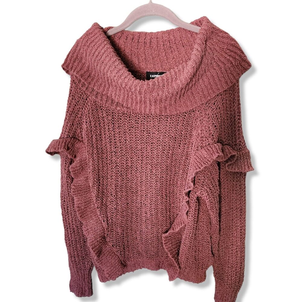 Express Dusty Pink cotton Chunky Knit Cowl Neck Ruffle lantern dolman Sweater S